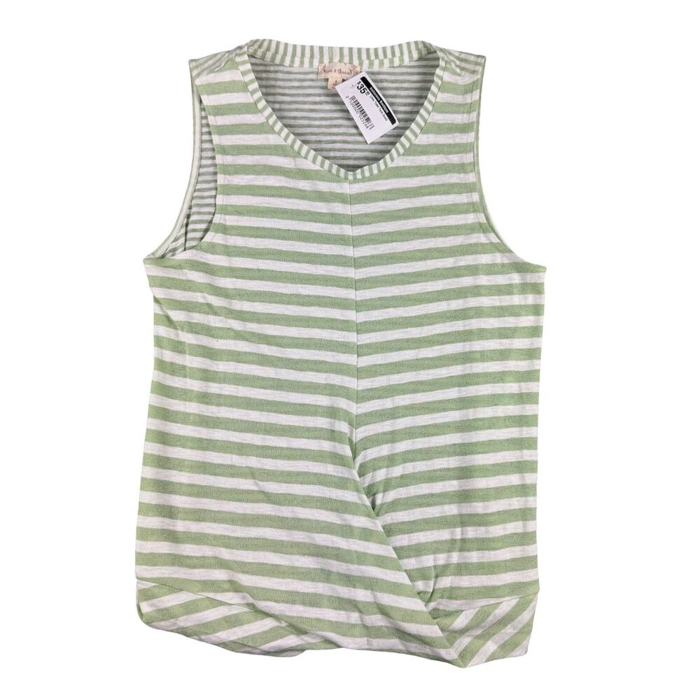 Hem & Thread Top Women's Small Green White Sleeveless Twist Striped Stretch NWT